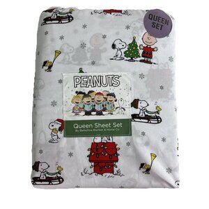 Peanuts Snoopy Queen Sheet Set White Woodstock & Charlie Brown Christmas  NEW